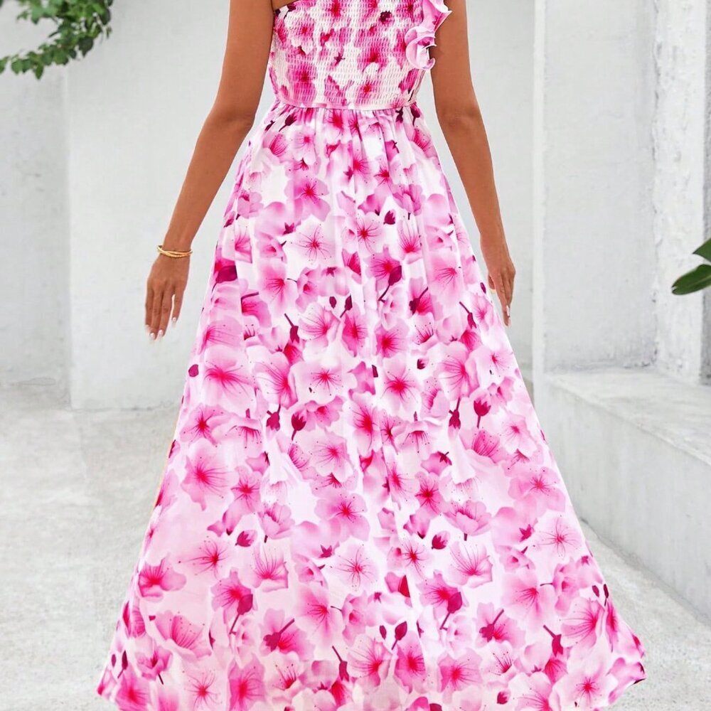 White Pink Casual Women's Floral One Shoulder Sleeveless Smocked Ruffle Dress - Picture 2 of 5